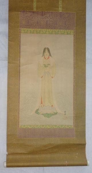 稀少 ヴィンテージ 木村武山 蚕神 天照大御神 天照大神 女神 神画 紙本 掛軸