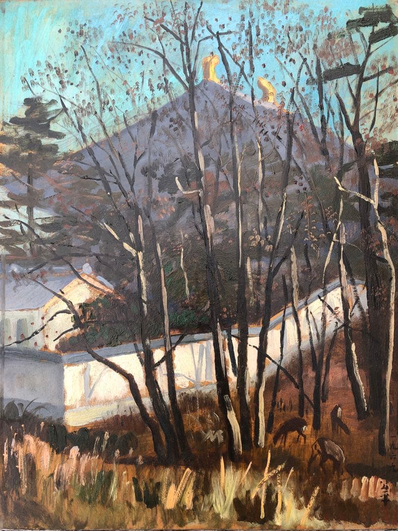 【油絵】三水公平/東大寺金堂（大仏殿）/古都奈良/真作/油彩/絵画/世界遺産