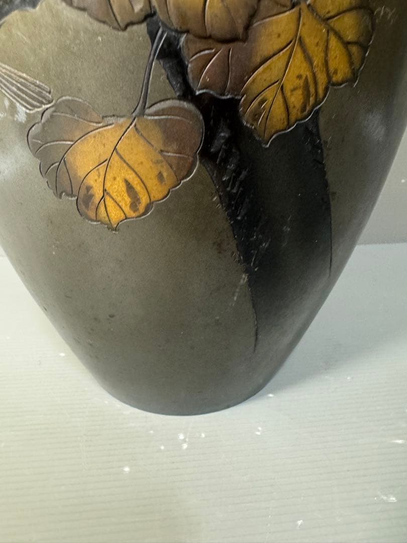 2643 高岡銅器 銅花瓶 希少 金銀象嵌 鳥花文図