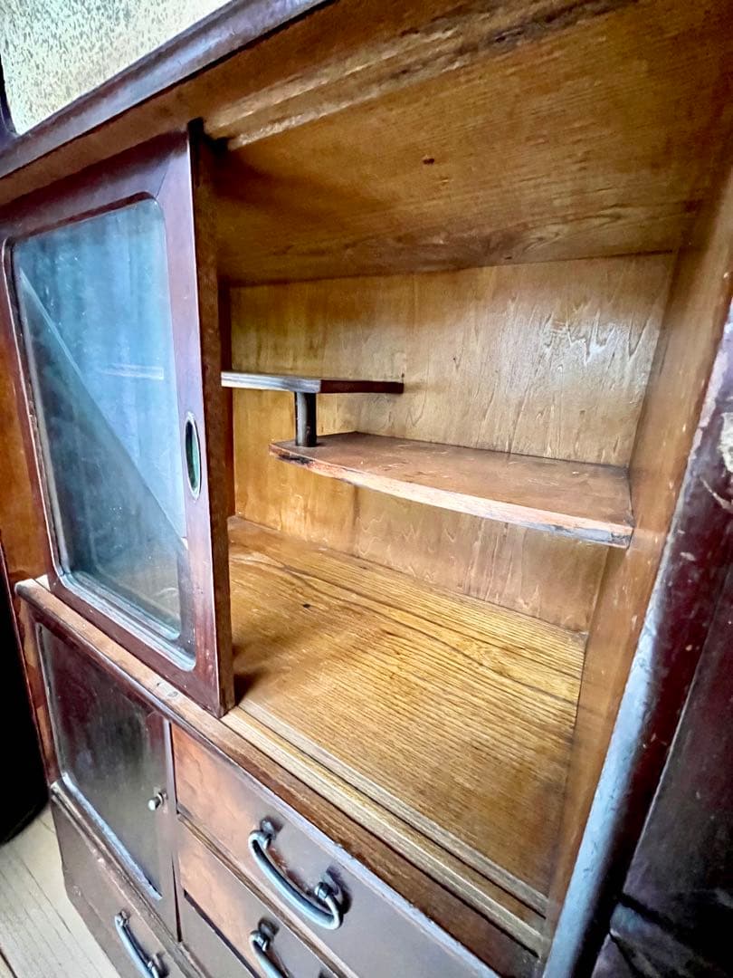 昭和レトロ 茶箪笥 水屋箪笥 ガラス戸収納棚 和家具 ヴィンテージ