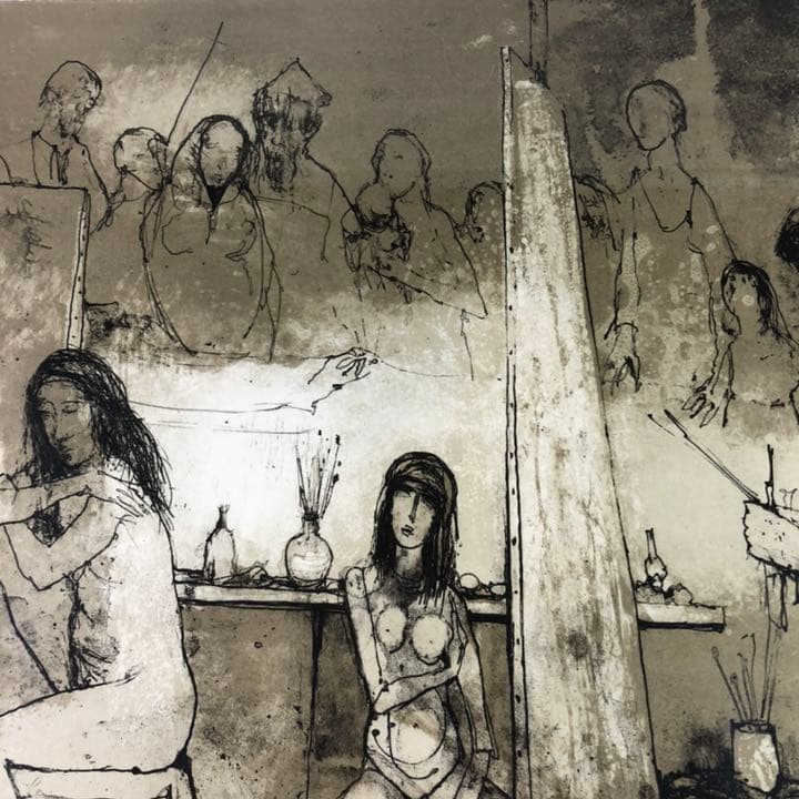 ジャン・ジャンセン「アトリエにいる画家」 リトグラフ　額縁付絵画