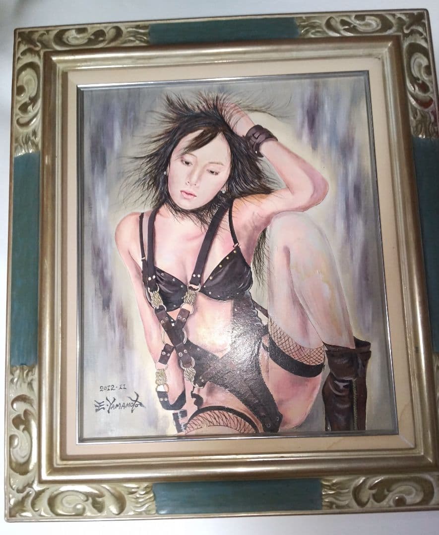山本英二、絵画油彩８号、裸婦、美人画、ボンテージ、k真作、肉筆、高級額縁