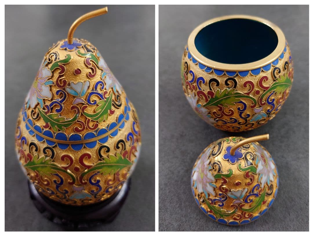 中国工芸品 景泰蓝 花瓶・梨・玉子 置物 3点セット 七宝焼