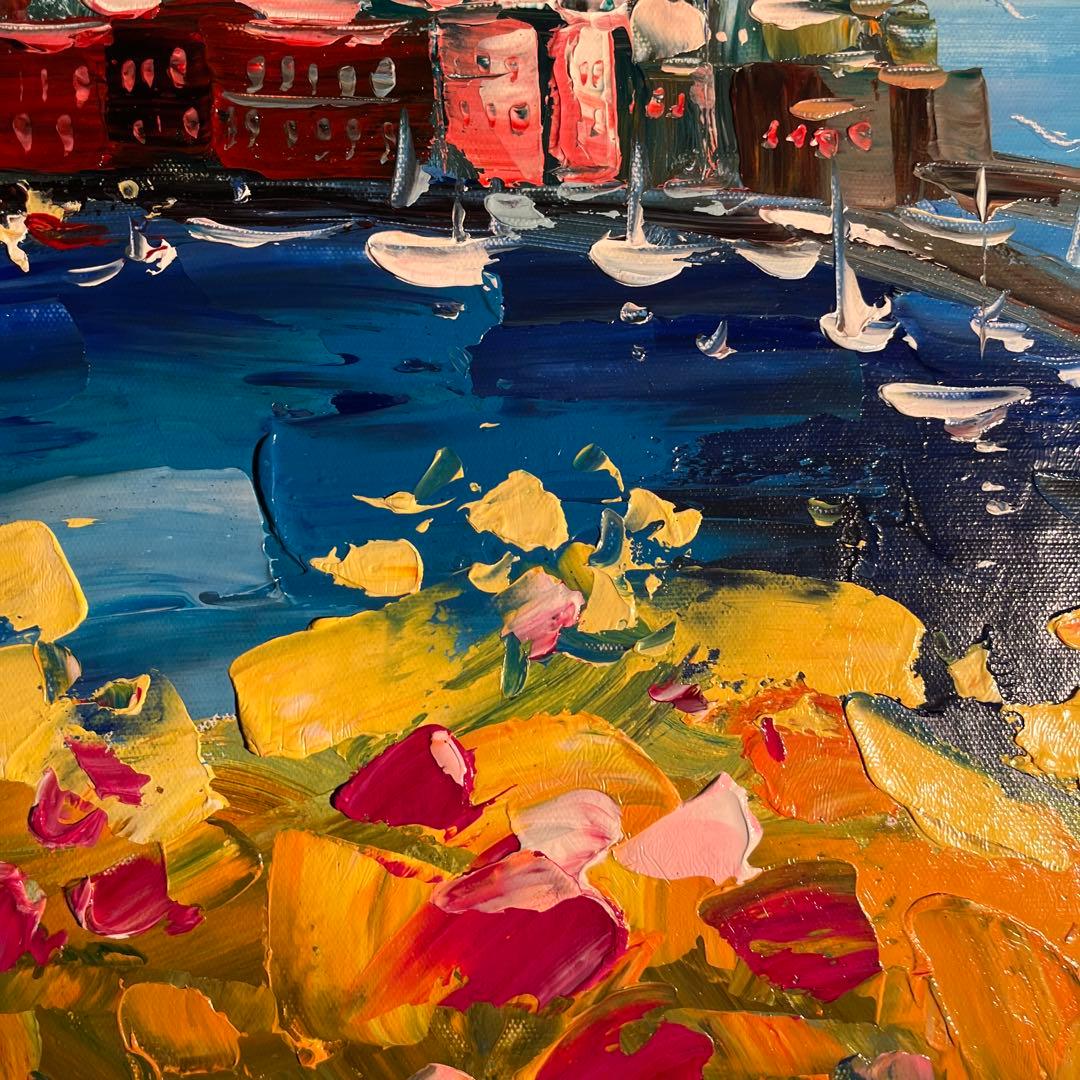 手書き油絵 地中海の風景 額付 肉筆絵画 インテリア 油彩画