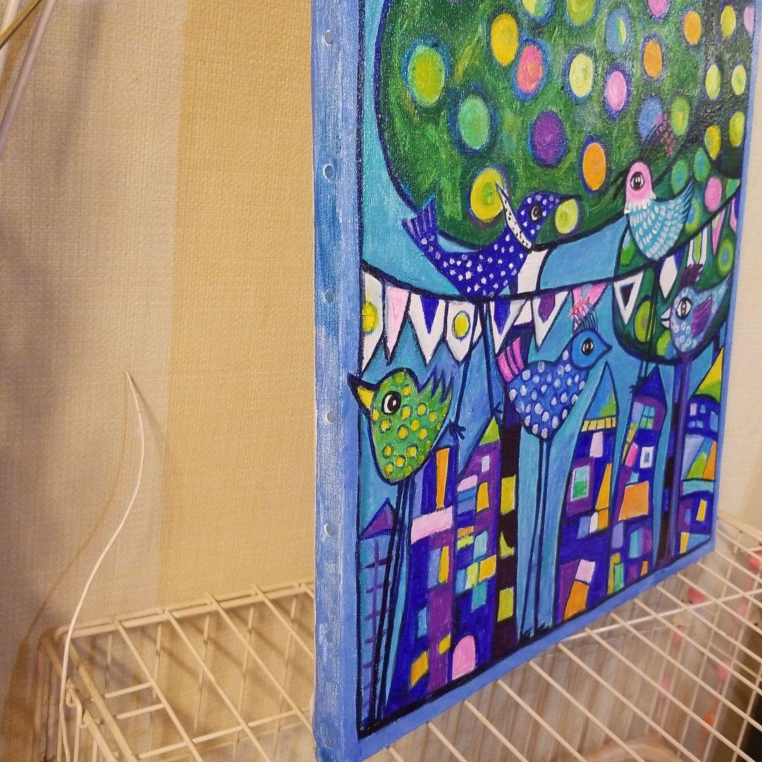 油絵　にゃんこ　足の長い鳥が住む街