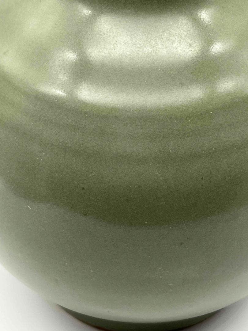 南宋時代　龍泉窯　 梅子青 青磁弦文盤口瓶 花入　花瓶　茶道具(E-81)