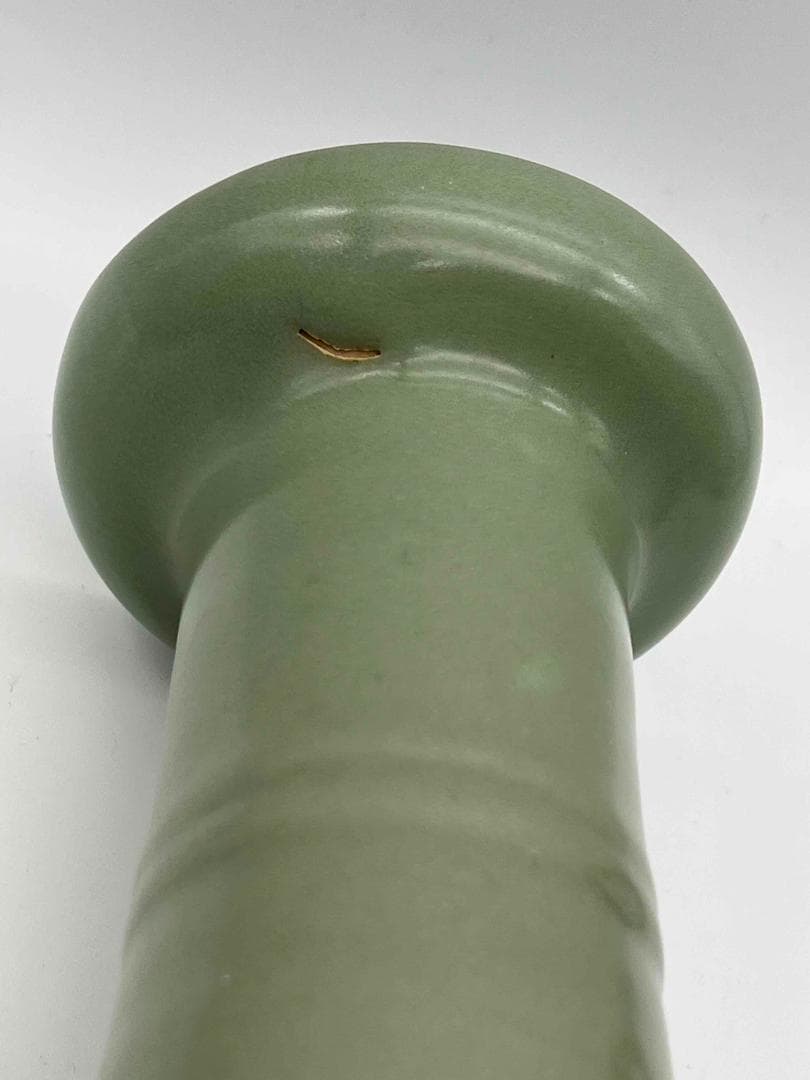 南宋時代　龍泉窯　 梅子青 青磁弦文盤口瓶 花入　花瓶　茶道具(E-81)