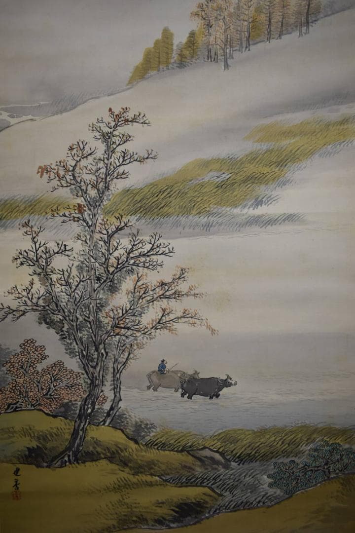 真作/大八木也香/山水/牛に童子図/布袋屋掛軸HJ-843