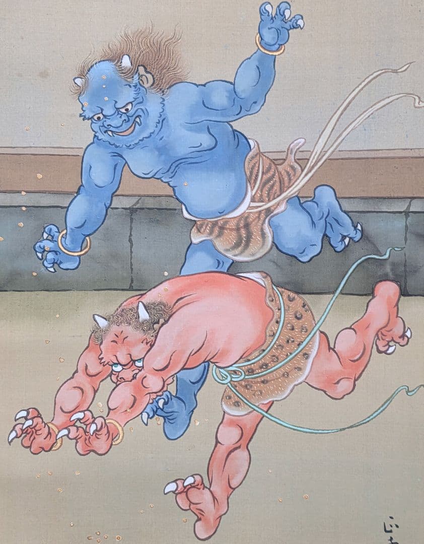 【お多福豆撒き図】中村正章 741 おかめに鬼 節分 掛け軸 肉筆