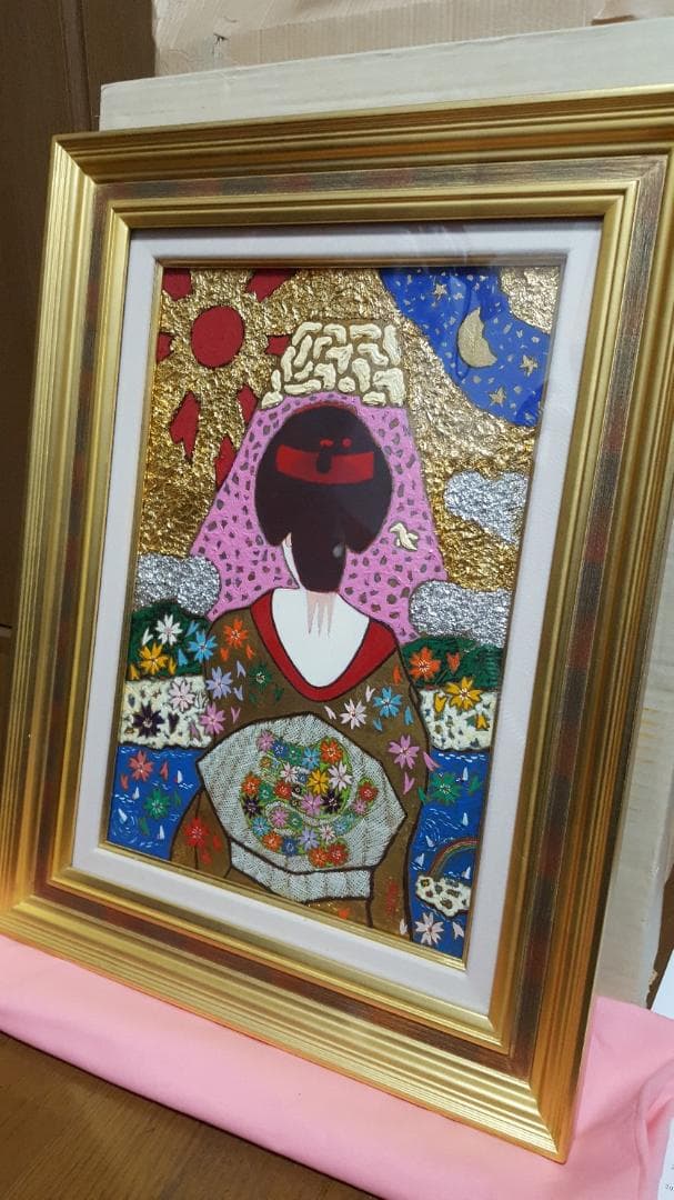 【真作】 大杉真司　「見つめて富士左馬」　油彩 ＋ 金箔・プラチナ箔