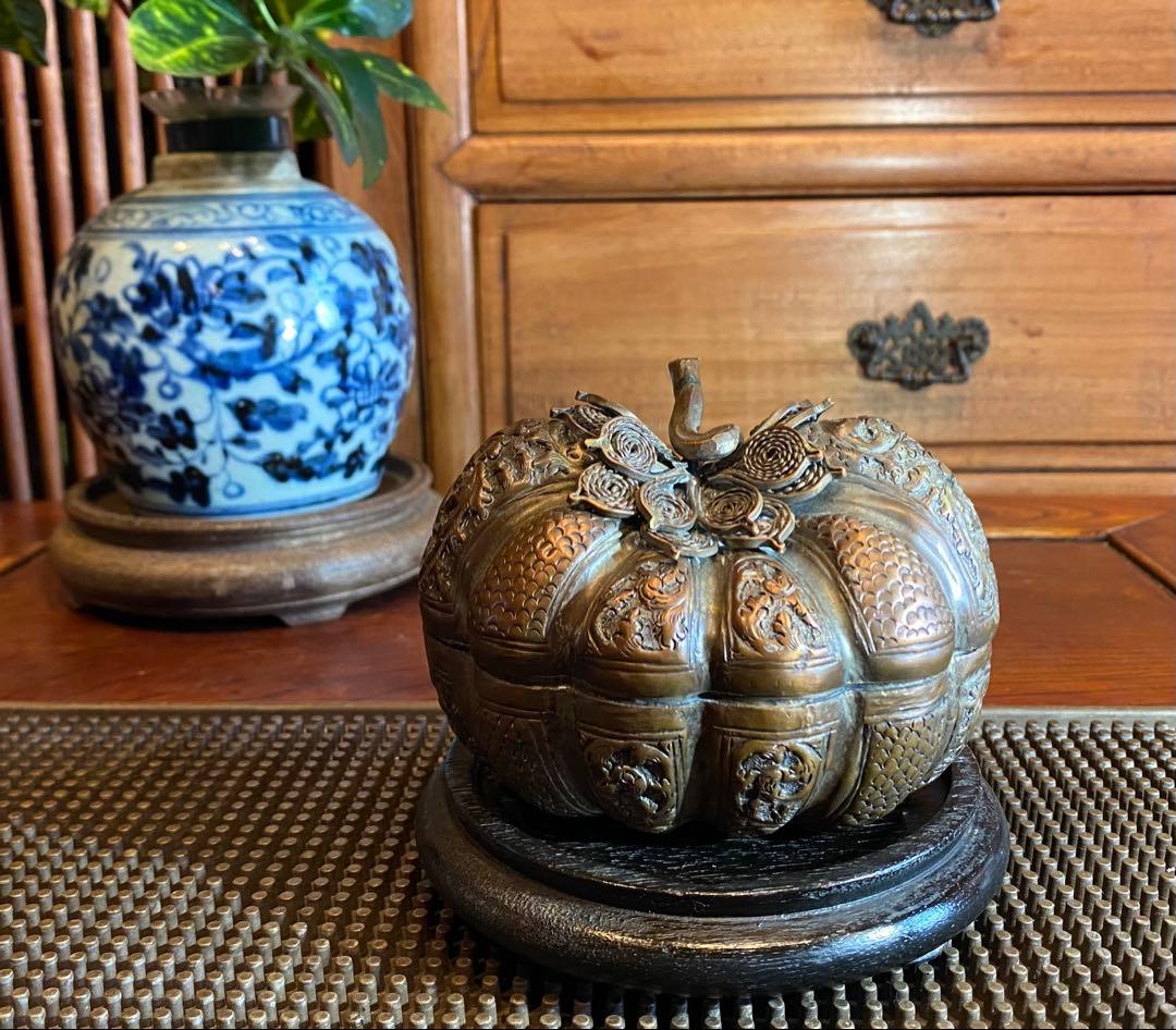 銅銀メッキ　パンプキンBox鑑賞台座付 ヴィンテージ　レア 中国　台湾茶器