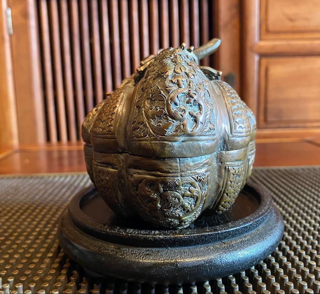 銅銀メッキ　パンプキンBox鑑賞台座付 ヴィンテージ　レア 中国　台湾茶器