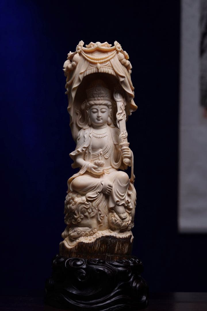天然マンモス牙精巧な手作り彫刻文殊菩薩 置物