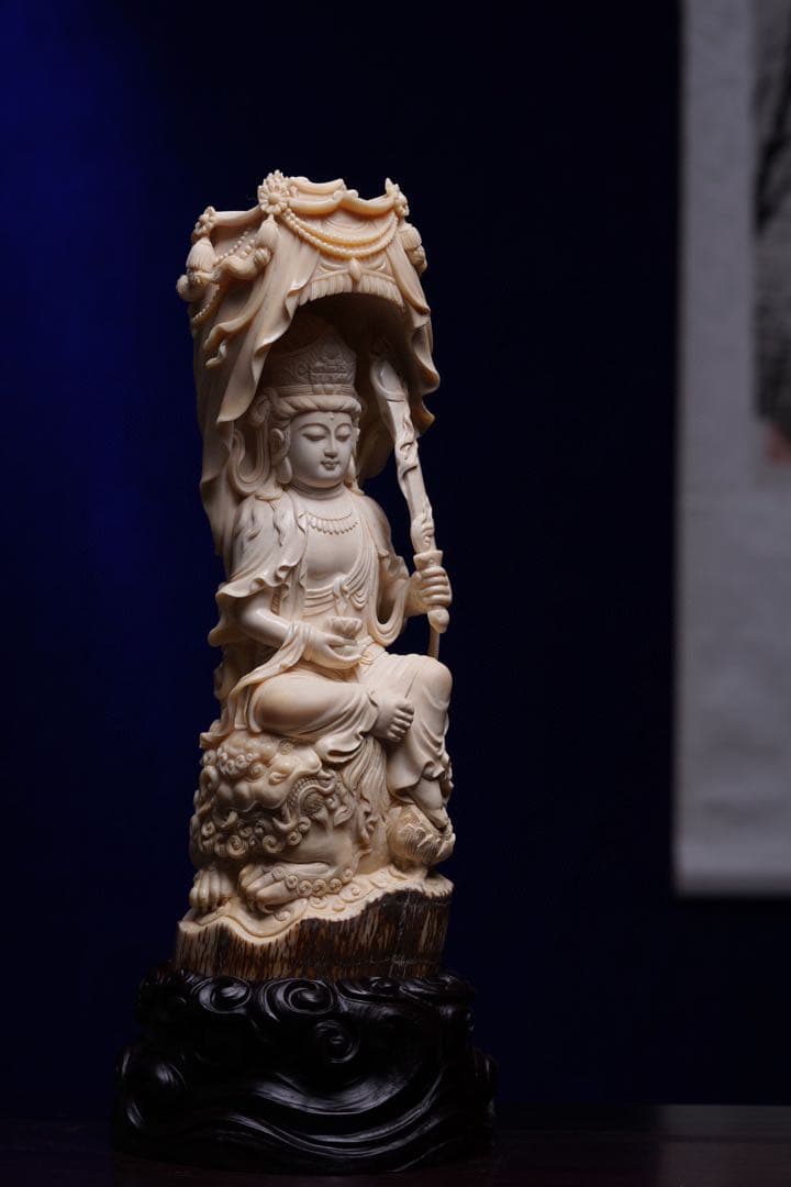 天然マンモス牙精巧な手作り彫刻文殊菩薩 置物