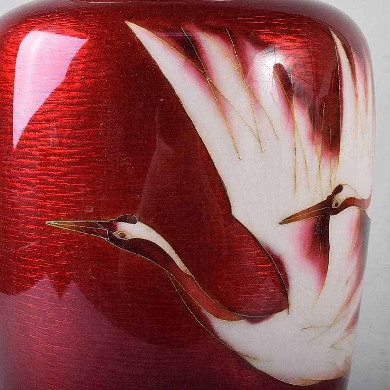 七宝焼　安藤七宝店　旭光釉双鶴文　花瓶　高さ約31㎝　台付　共箱　MR8333B