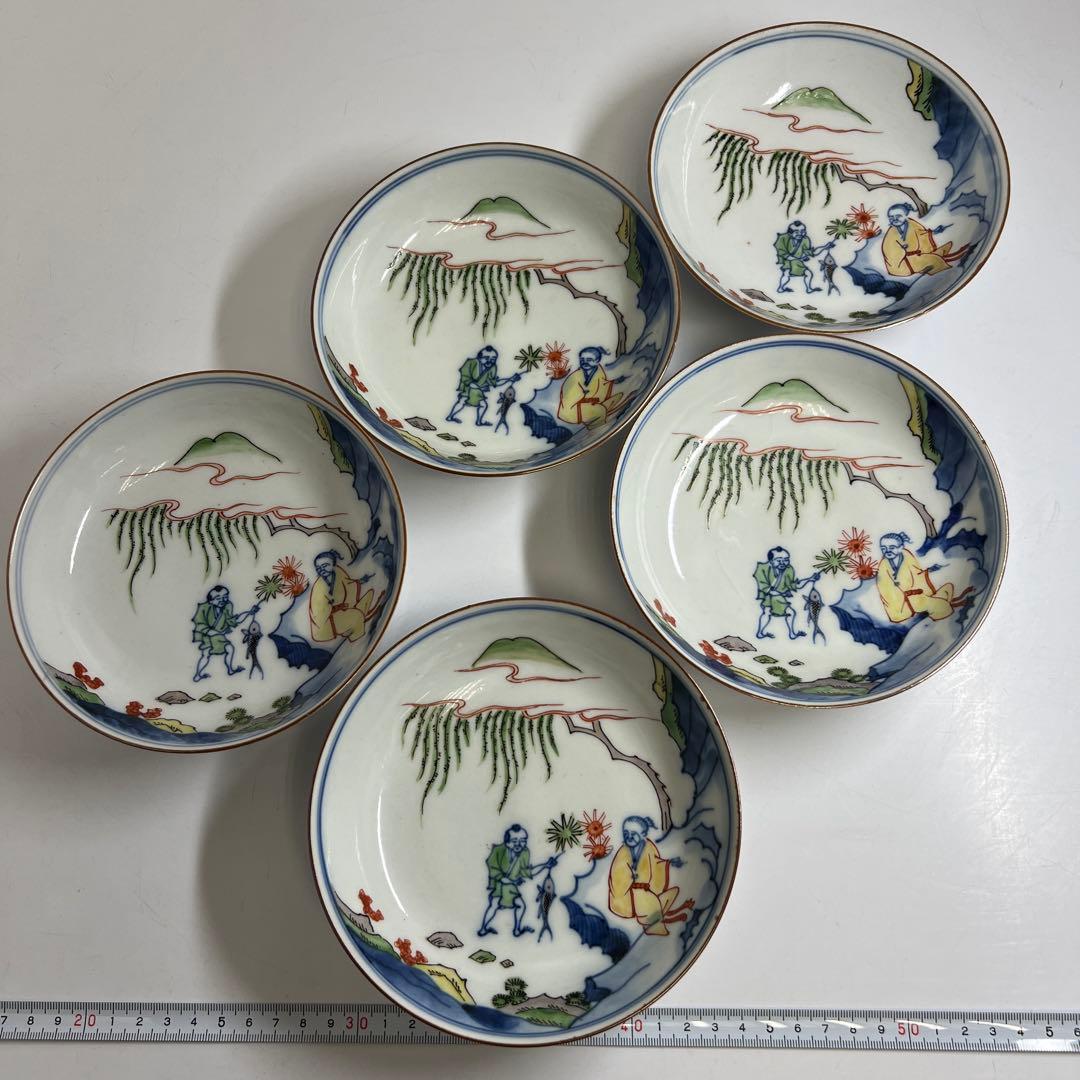 中国美術　赤絵中皿5枚　木箱付　直径約15㎝　東Y7-1022⑤