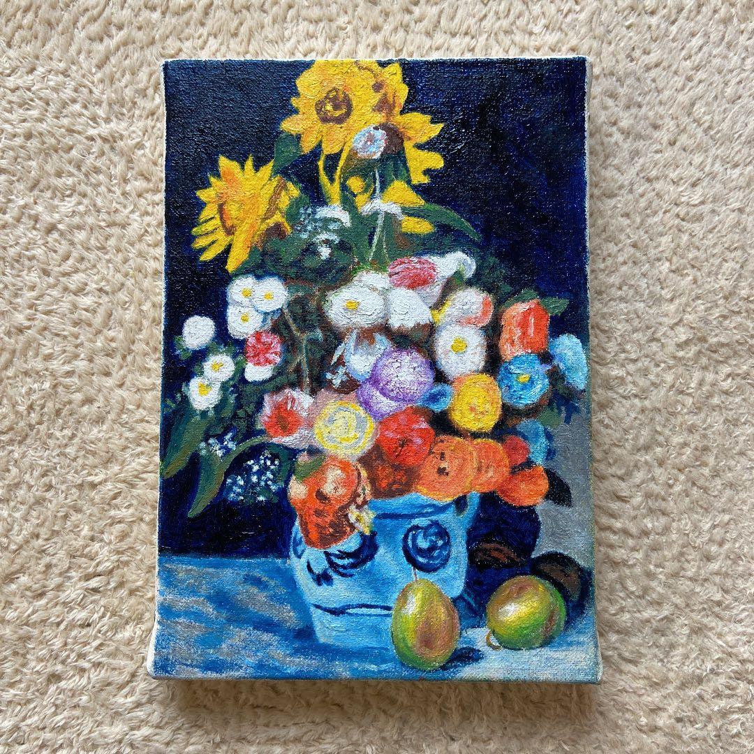ルノワール　肉筆手描きの油絵模写画　陶器の花瓶と花