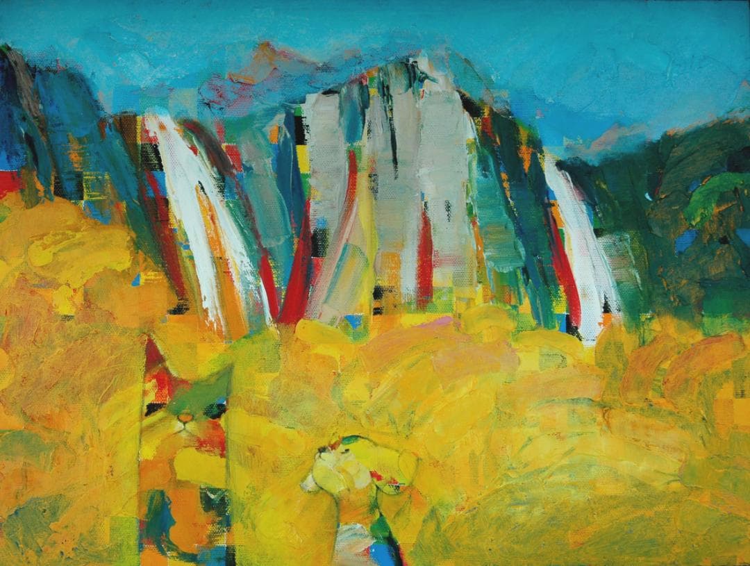 油絵 菅家令子 絵 絵画インテリア額付(青緑＋金色の枠)uF6-071119犬猫