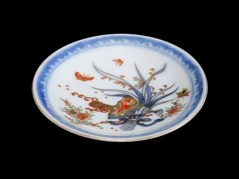 古伊万里　染錦　扇に蘭　蝶に撫子の図　４寸皿　５枚　D756AS-fbjc