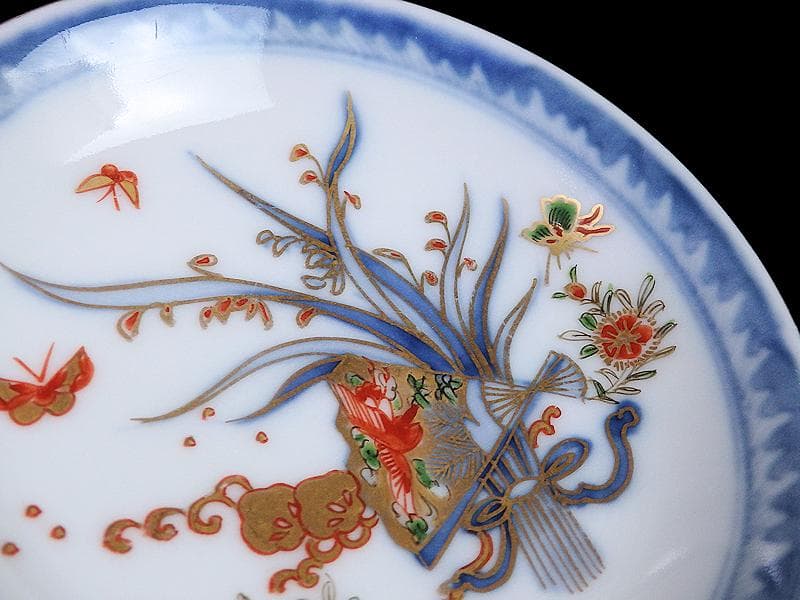 古伊万里　染錦　扇に蘭　蝶に撫子の図　４寸皿　５枚　D756AS-fbjc