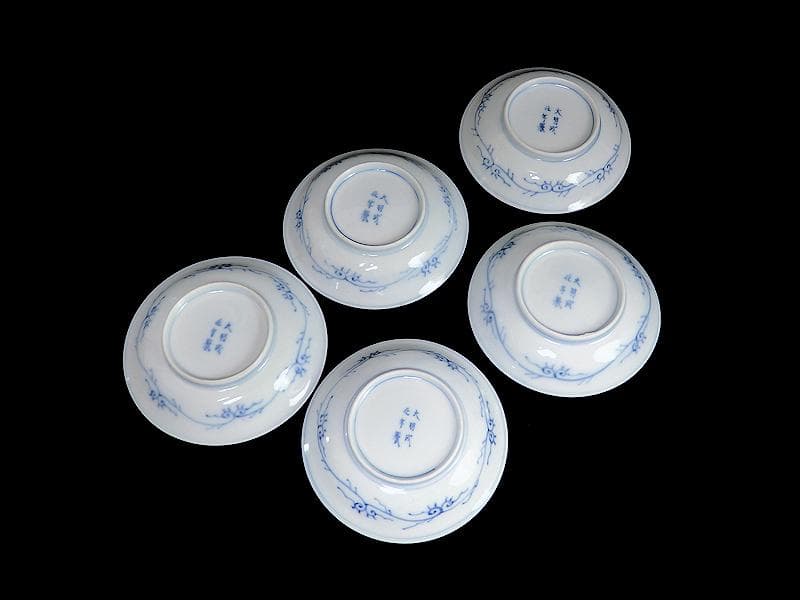 古伊万里　染錦　扇に蘭　蝶に撫子の図　４寸皿　５枚　D756AS-fbjc