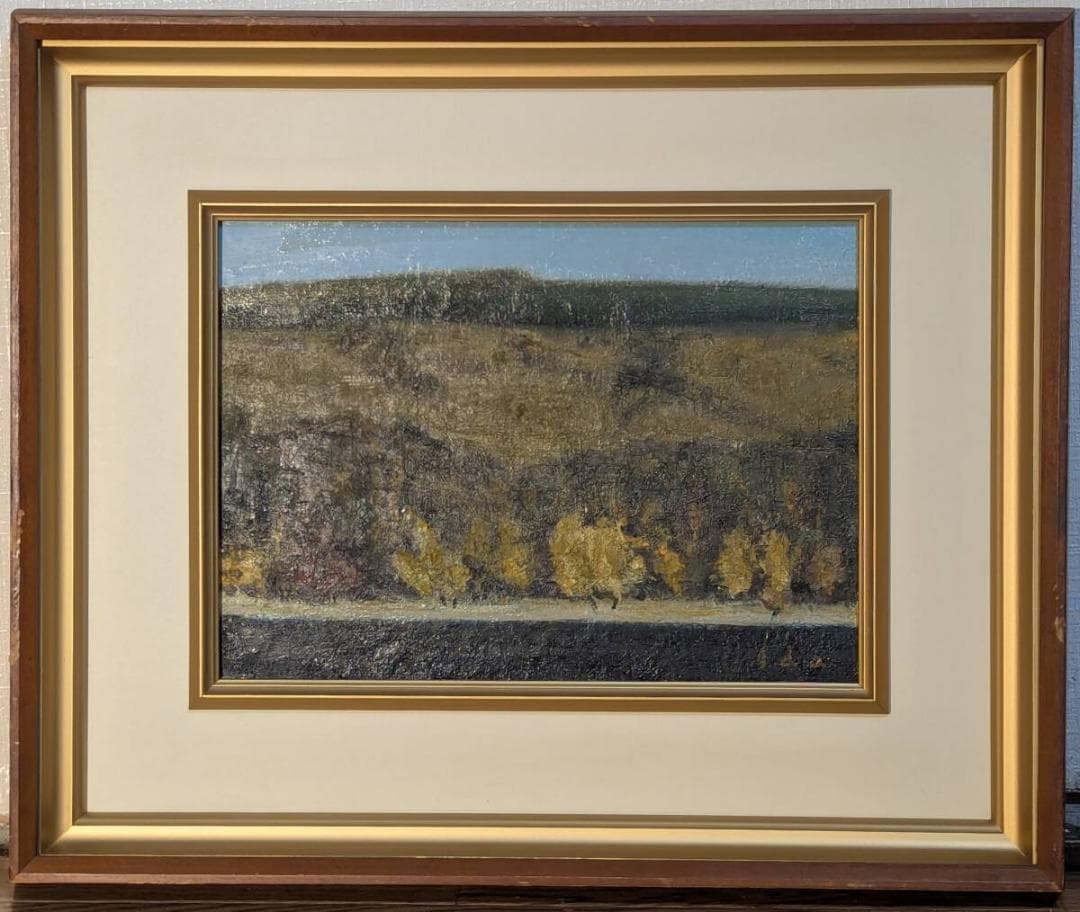 【真作】絵画　井田　油彩4号　晩秋の山湖　黄金の並木　秋の気配　Y135