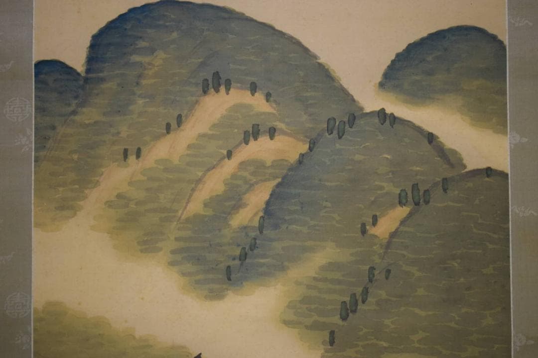 真作/紫峰/晩秋漁船図/軸先紫檀/絹表装/桐箱二重箱付/布袋屋掛軸HH-461