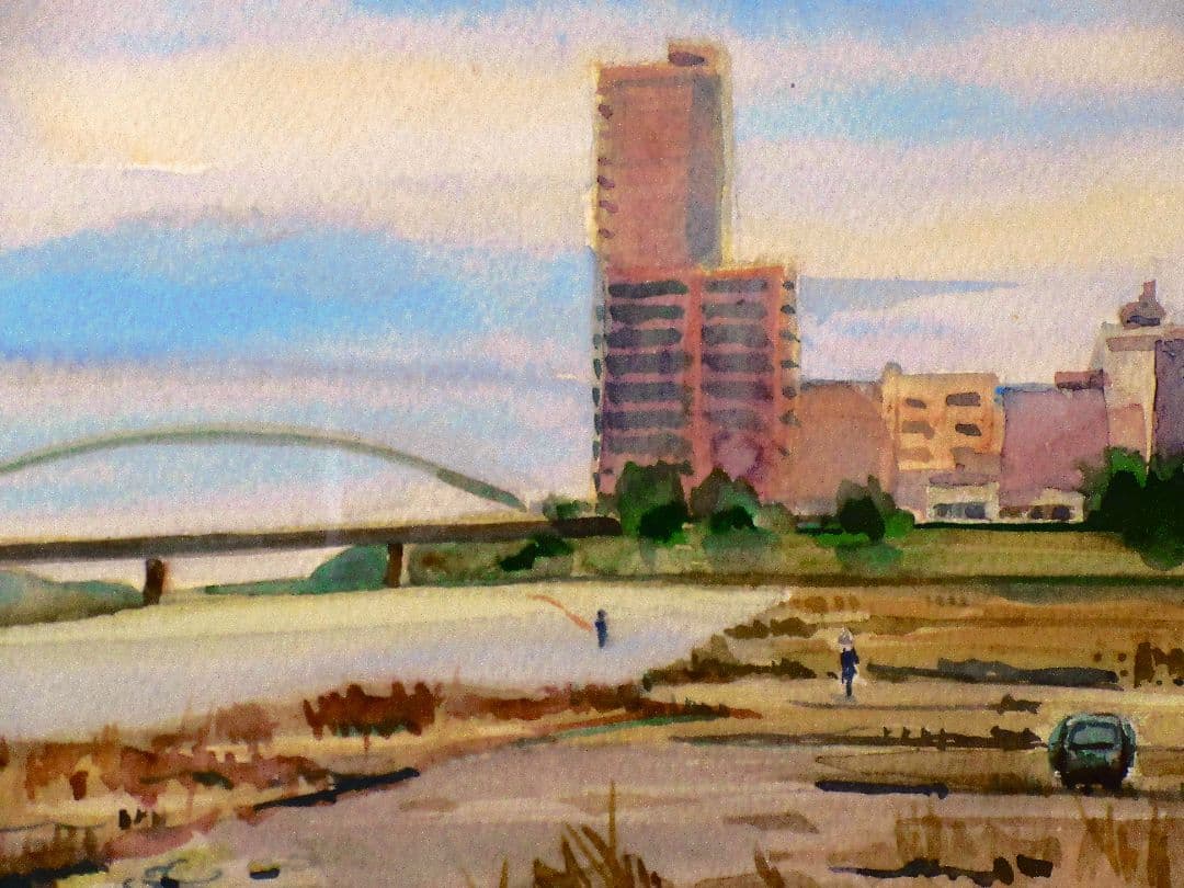 水彩画 都市の川沿いの風景 額装済み 原画 F6サイズ