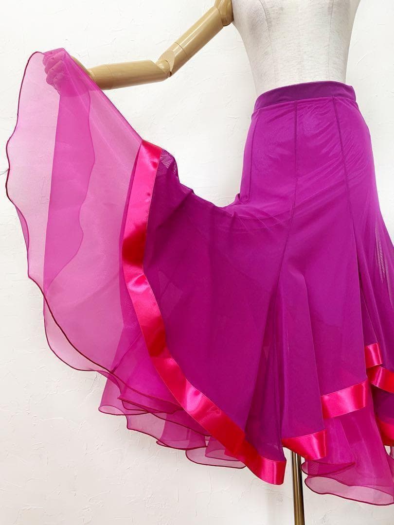 フーシャピンク　新作 社交ダンス用裾サテンテープ 　ロングフレアスカートｄ071
