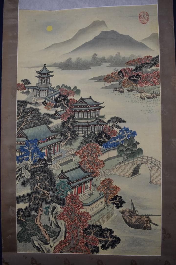 【複製】作者不詳/寒山寺風景画賛/工芸品/掛軸☆宝船☆Y-229　JM