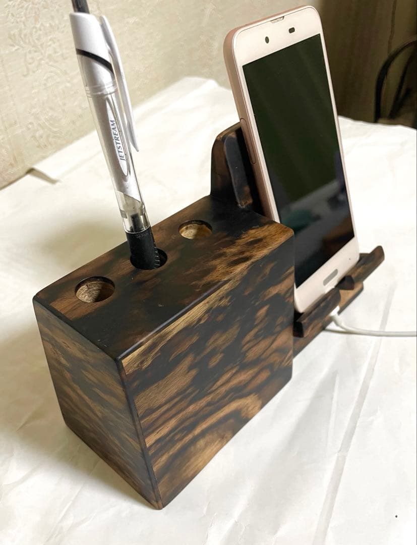 (確認用品) 黒柿一体型ペン立てスマホスタンド