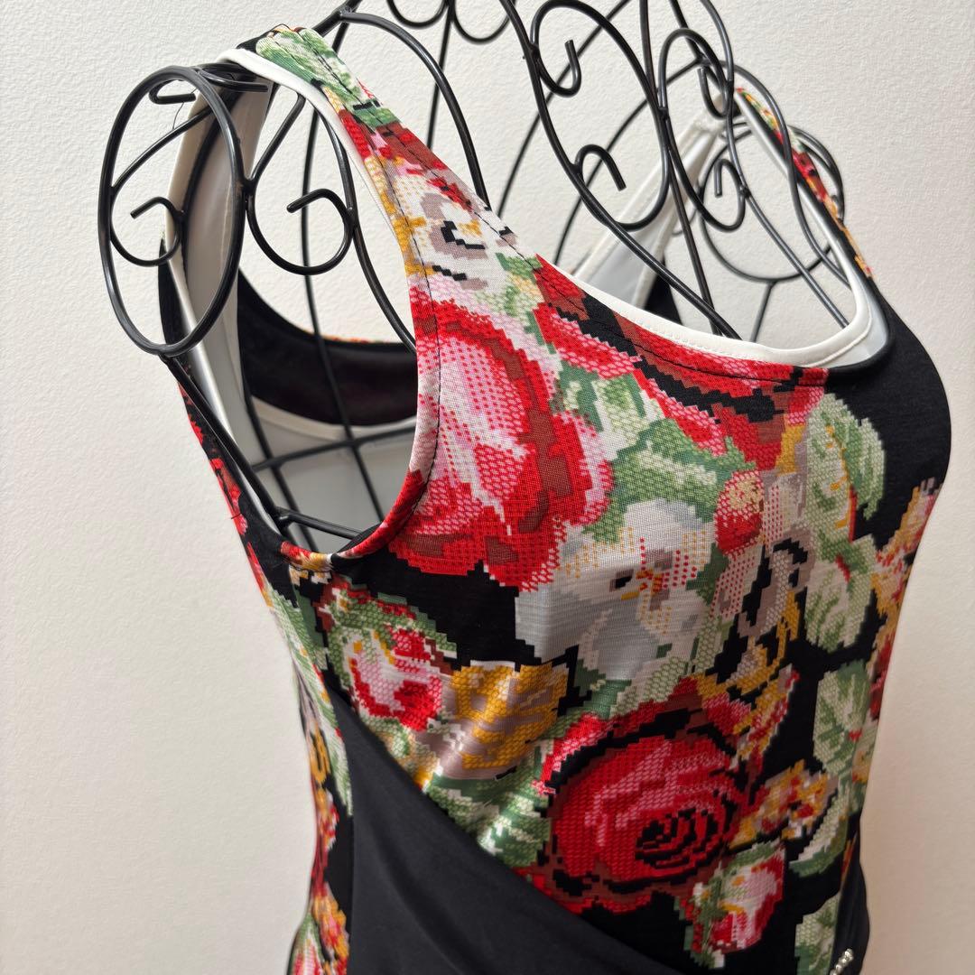 【美品】イチオク 社交ダンス ドレス ワンピース 花柄 ローズ ティアード 黒