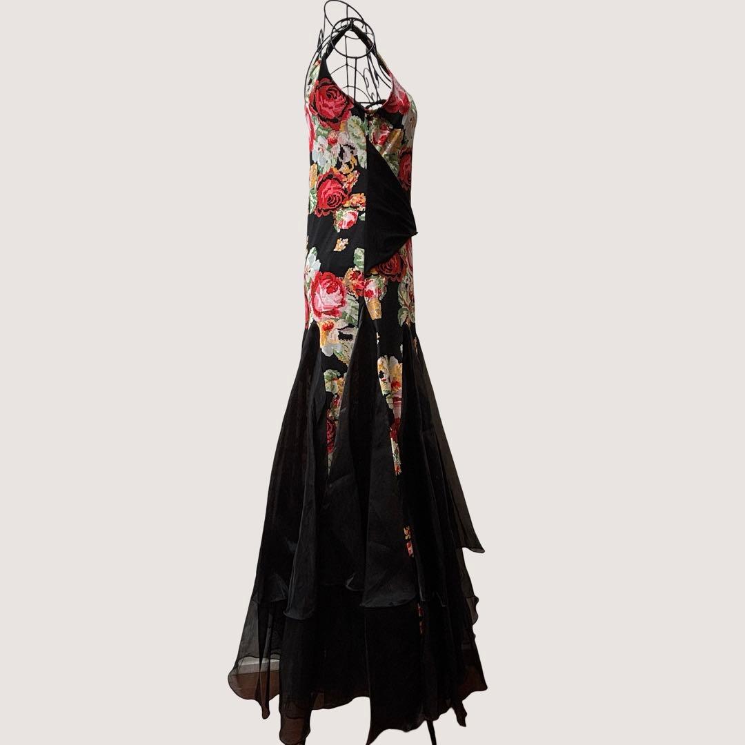 【美品】イチオク 社交ダンス ドレス ワンピース 花柄 ローズ ティアード 黒