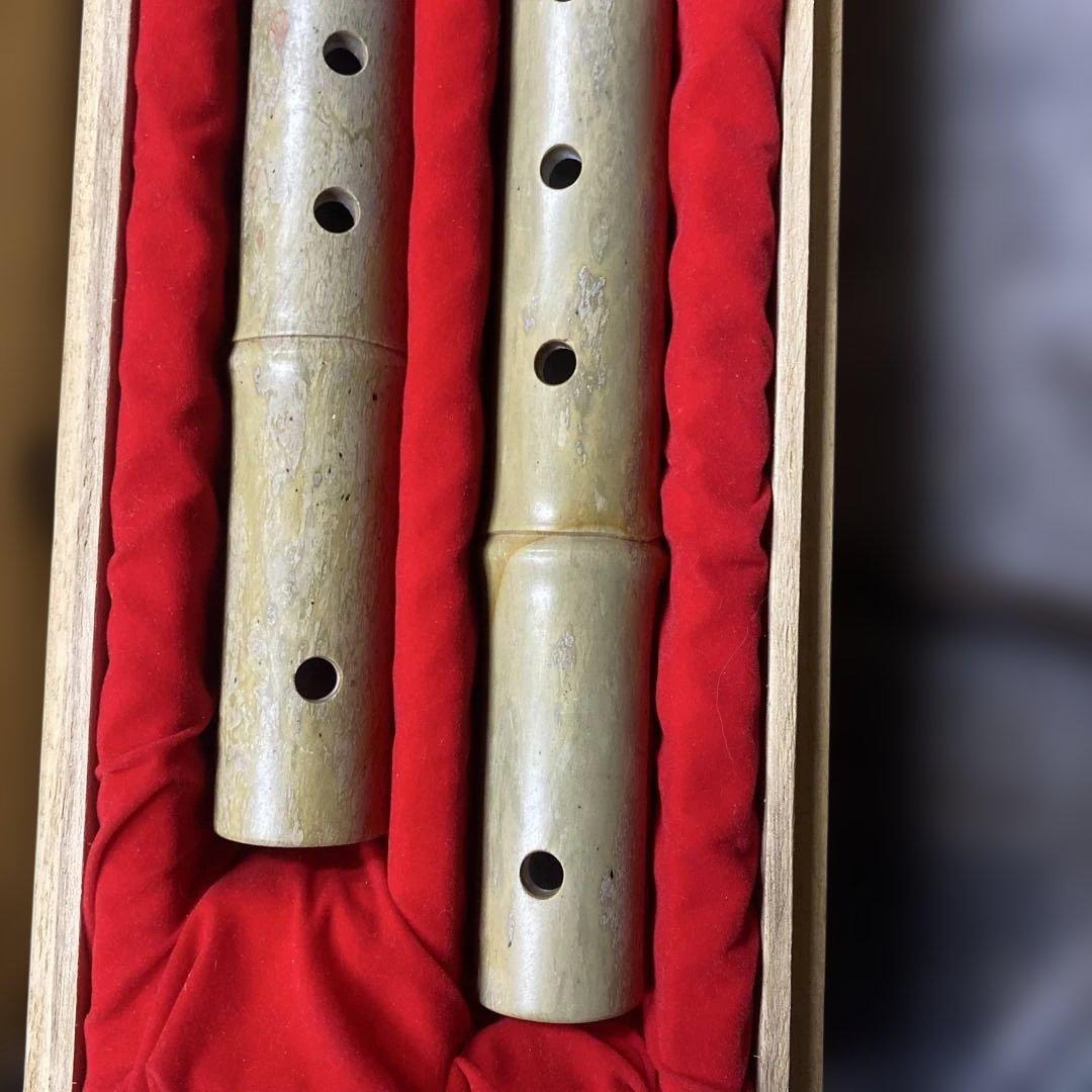 希少美術工芸 玉笛 二本組 木箱入り 天然石 玉製 吐金工藝