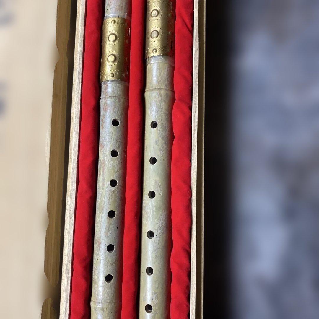 希少美術工芸 玉笛 二本組 木箱入り 天然石 玉製 吐金工藝