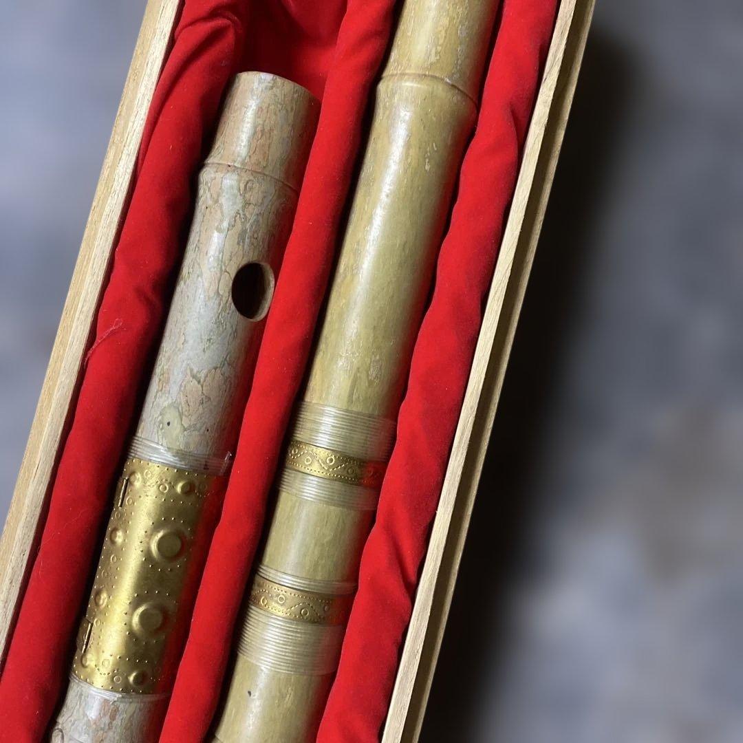 希少美術工芸 玉笛 二本組 木箱入り 天然石 玉製 吐金工藝