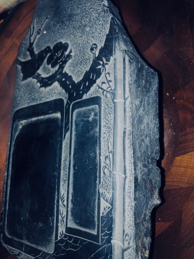 石製 硯箱 彫刻 花と鳥