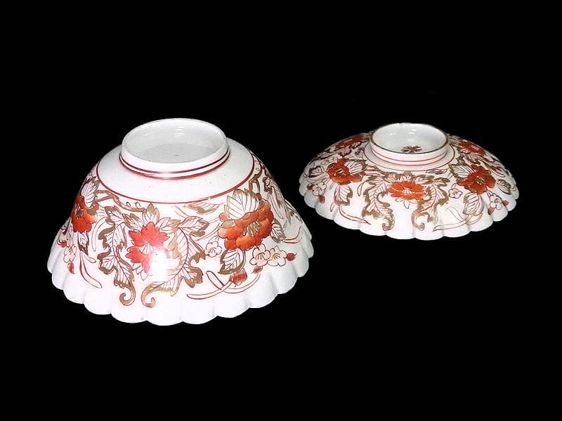 古伊万里　金襴手　輪花　花に柘榴の図　蓋付き深鉢　菓子鉢　E866AS-COk