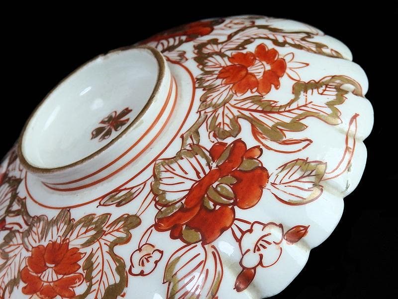 古伊万里　金襴手　輪花　花に柘榴の図　蓋付き深鉢　菓子鉢　E866AS-COk