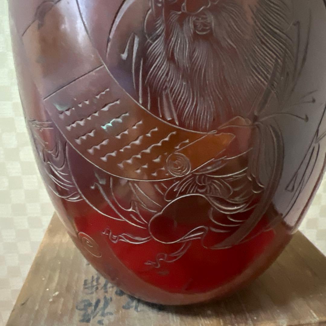 初代玉川堂　福禄寿片切彫　鎚起銅製花瓶　供箱