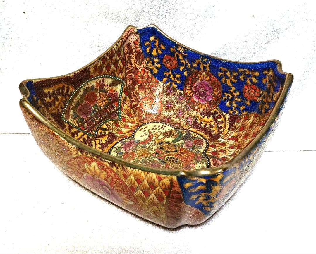 薩摩焼青と金の花柄角型陶器ボウルT168