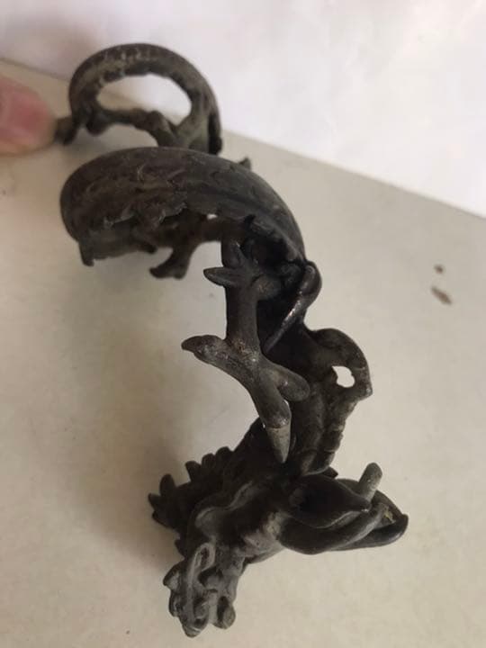 明治時期古銅金工龍置物，長13.5cm，重300克