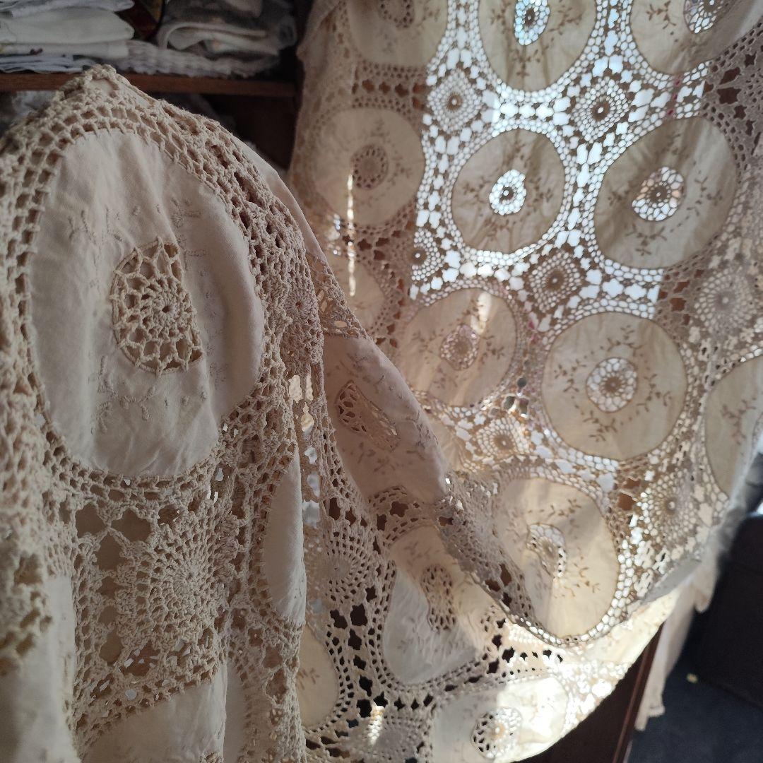 Vintage生成り　手編みレース 35パーツ繋ぎ フリークロス