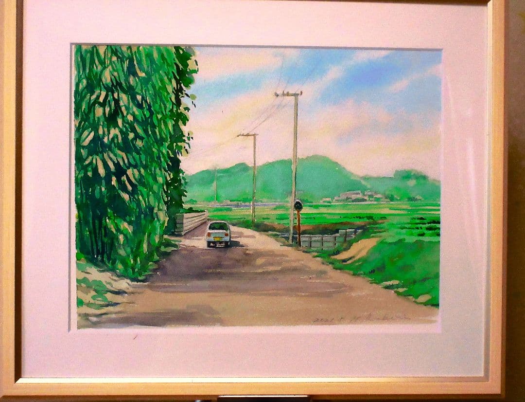 水彩画 風景画 緑色と青色のトーン 額装済み F6サイズ