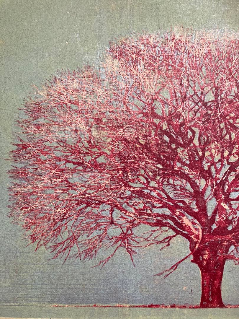 【真作保証】星襄一「赤い木」1973年 木版画 直筆サイン 版画 絵画