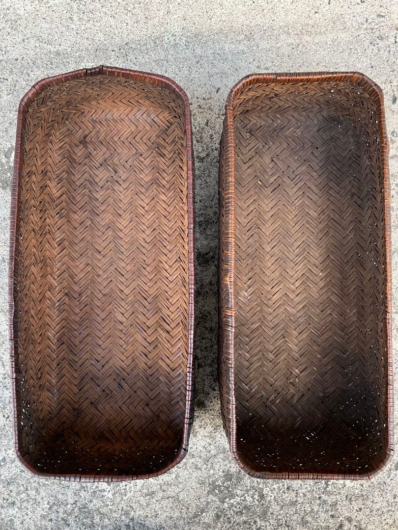 行李 茶箱 弁当箱 文箱 古道具 竹籠 竹かご すず竹 蓋物 古民具 飴色 2