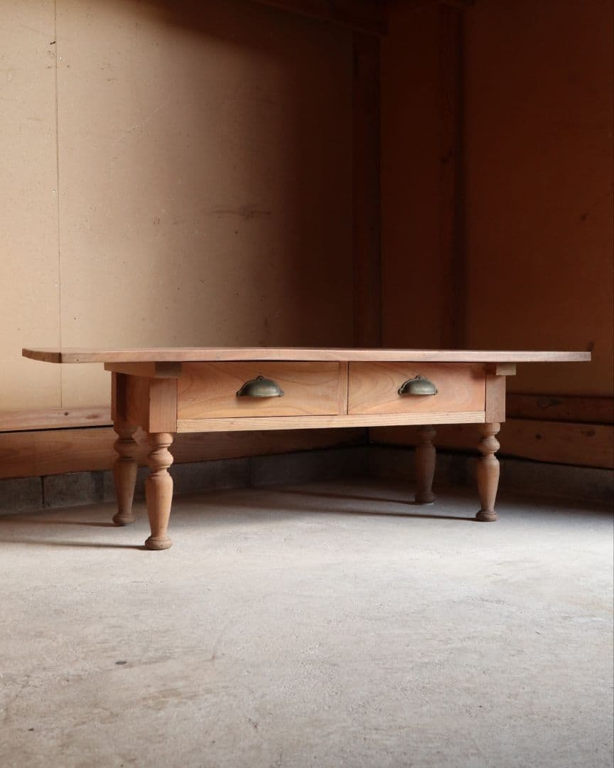 総欅(ケヤキ)材のろくろ脚ローテーブル　古道具 古家具 アンティーク カフェ