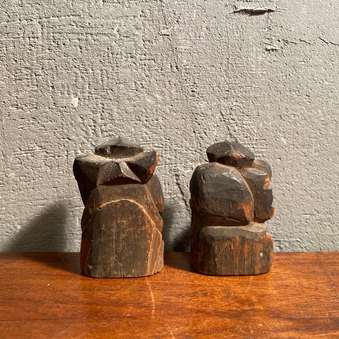 時代物 明治 大黒天 恵比寿 木彫置物 骨董品 コレクション 5.5cm