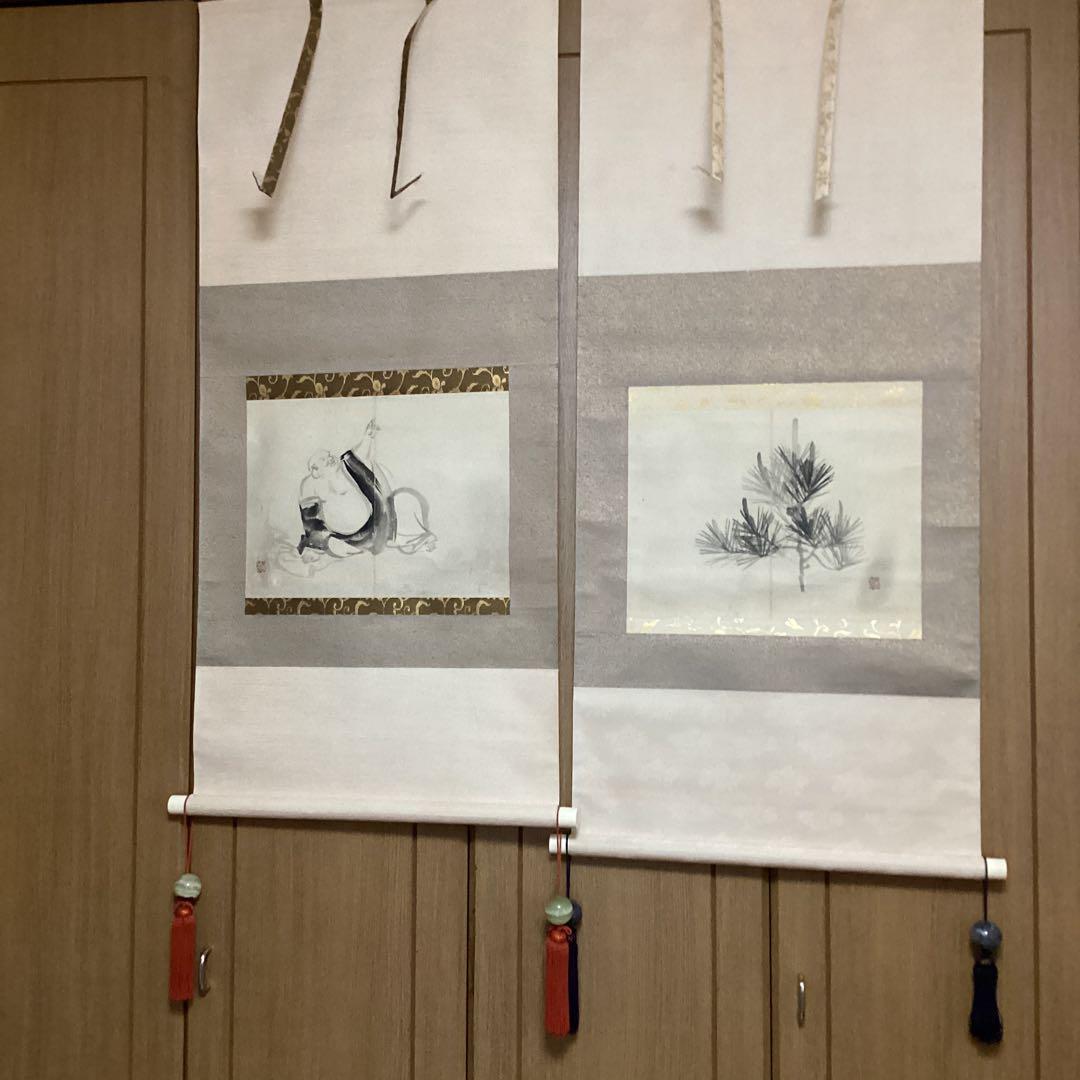 竹内栖鳳 肉筆画 【 指 月 布 袋 図 、若 松 図 】画帖画軸仕立て品模写