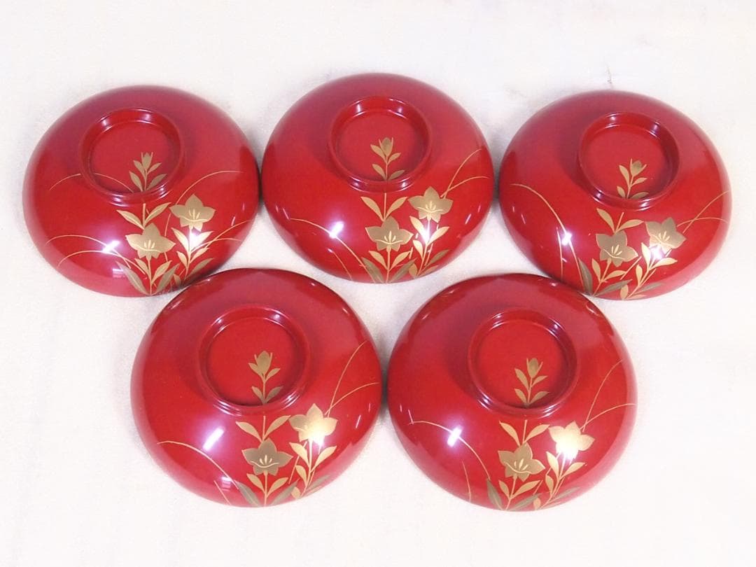 【美品】輪島塗 西久保田漆器店 朱塗 桔梗蒔絵 小吸物椀 5客 瓢型 漆器/食器